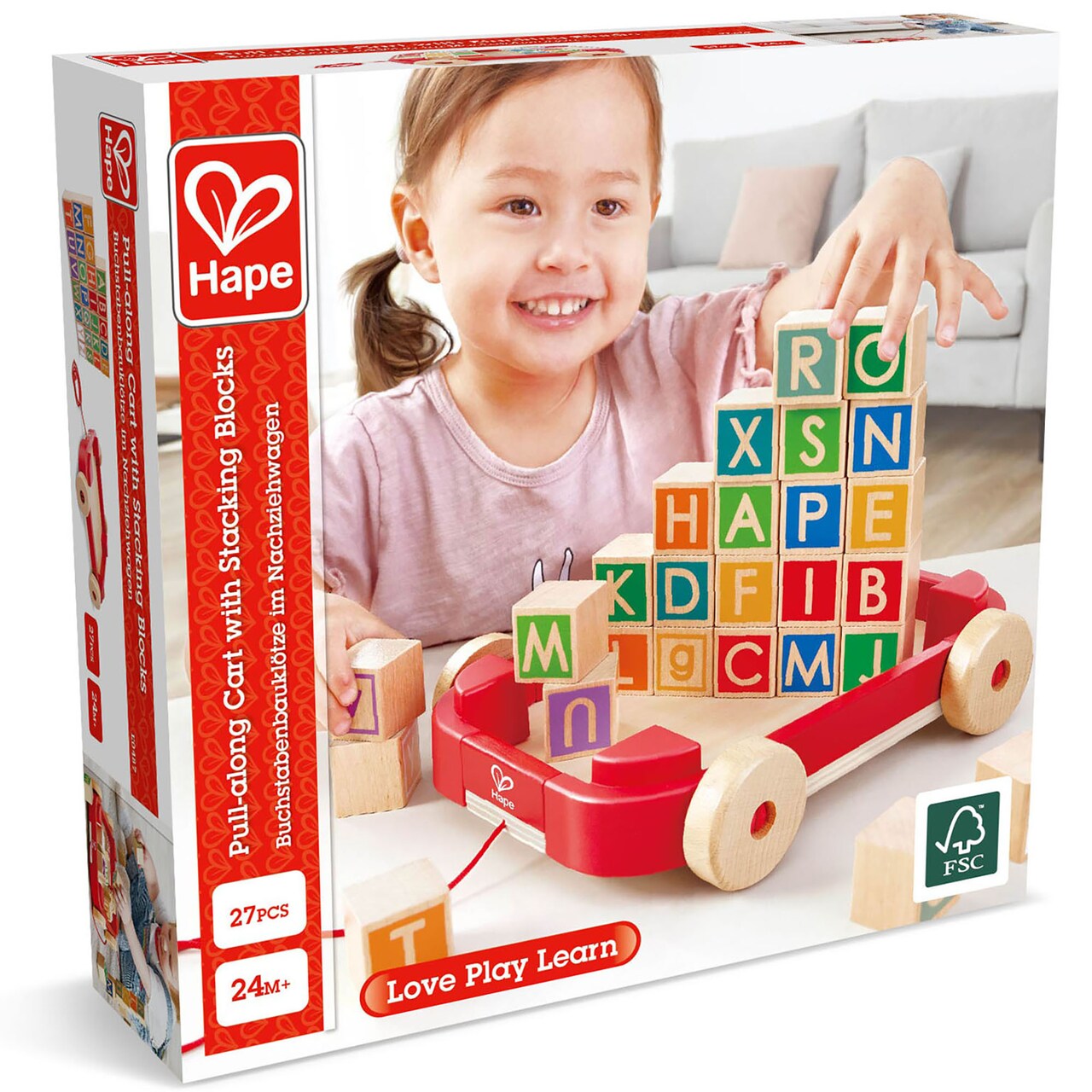 Hape: Pull-Along Cart With Stacking Blocks - Wooden Toy, ABC Letter Blocks, Load Into String Trailer & Take Along, Indoor/Outdoor